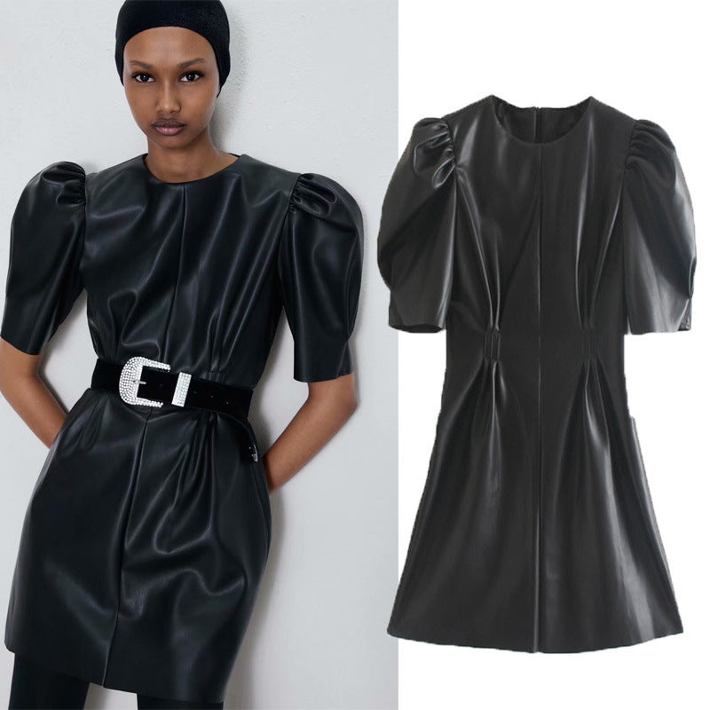 Lantern Sleeve Round Neck PU Leather Waist Skirt