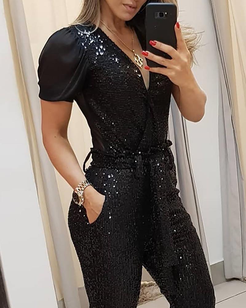 Combinaison longue à paillettes noire en V profond, mélange de coton