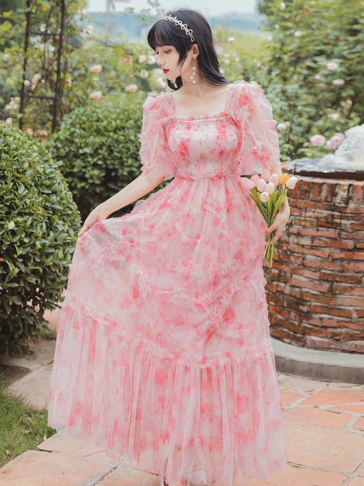 French Vintage Pink Chiffon Floral Mesh Dress Short Sleeve