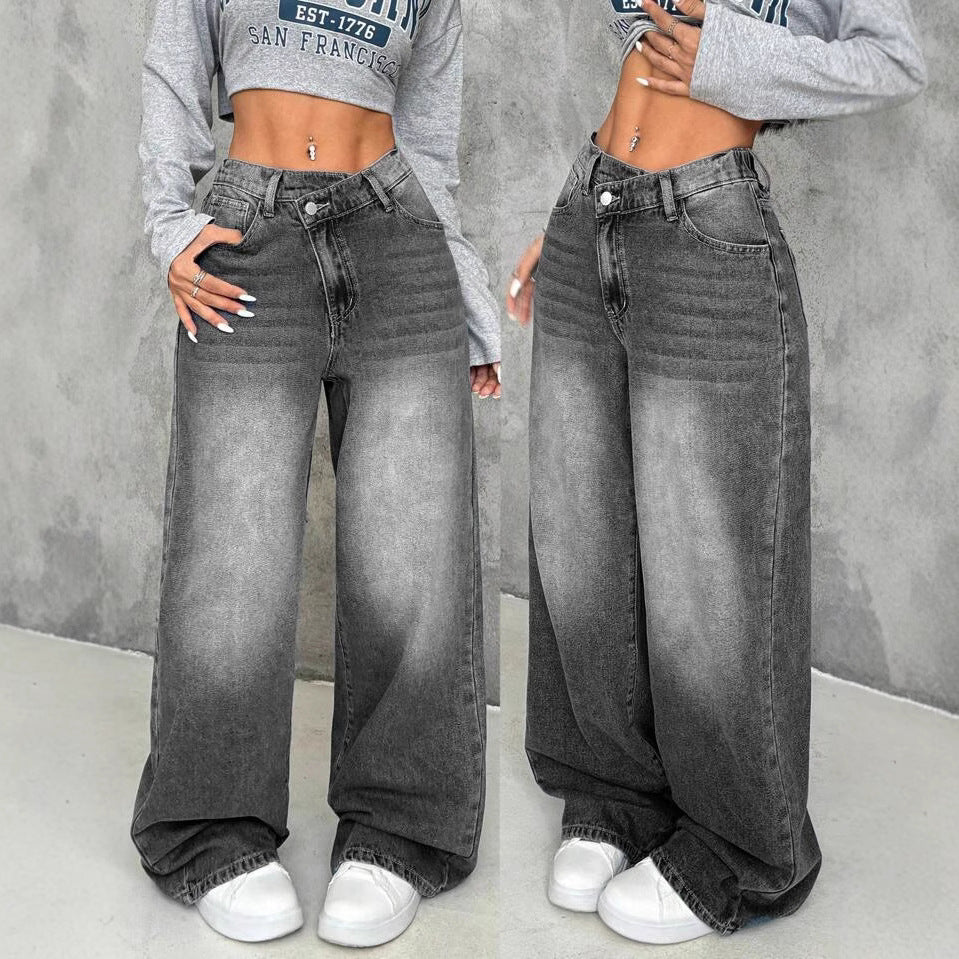 Jean droit ample gris foncé taille haute pour femme