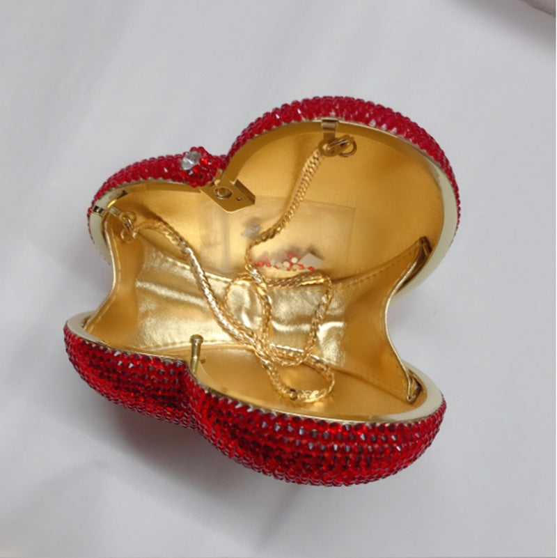 Sac de soirée mini cœur rouge en diamant avec bandoulière chaîne