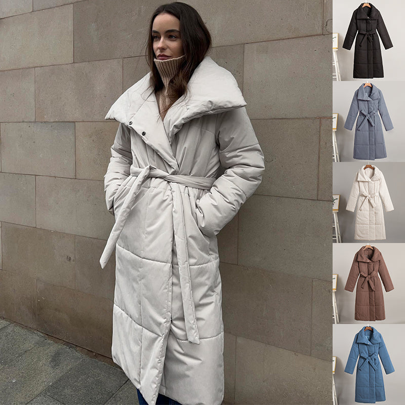 Fashion Large Lapel Long Winter Cotton Coat with Pockets and Lace-Up Design for Women