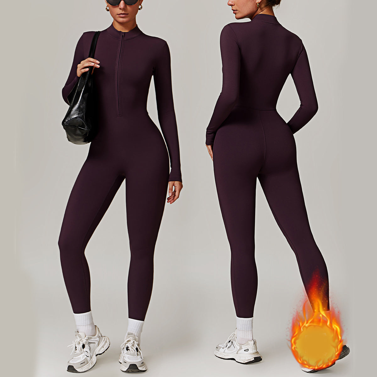 Warm Zipper Long-Sleeve Jumpsuit Yoga Fitness Sports Bodysuit for Women