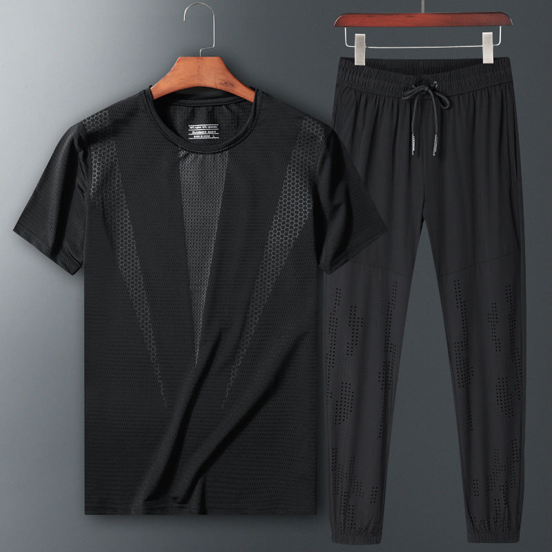 Two-Piece Short Sleeve Sportswear Set with T-Shirt and Trousers