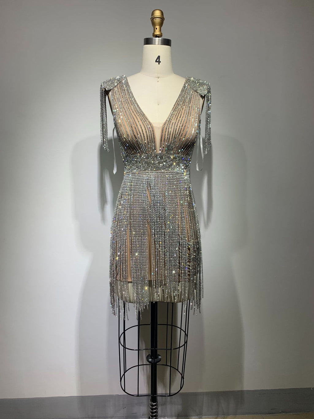 Low Cut Tassel Hollow-Out Diamond Sheath Apricot Cotton Dress