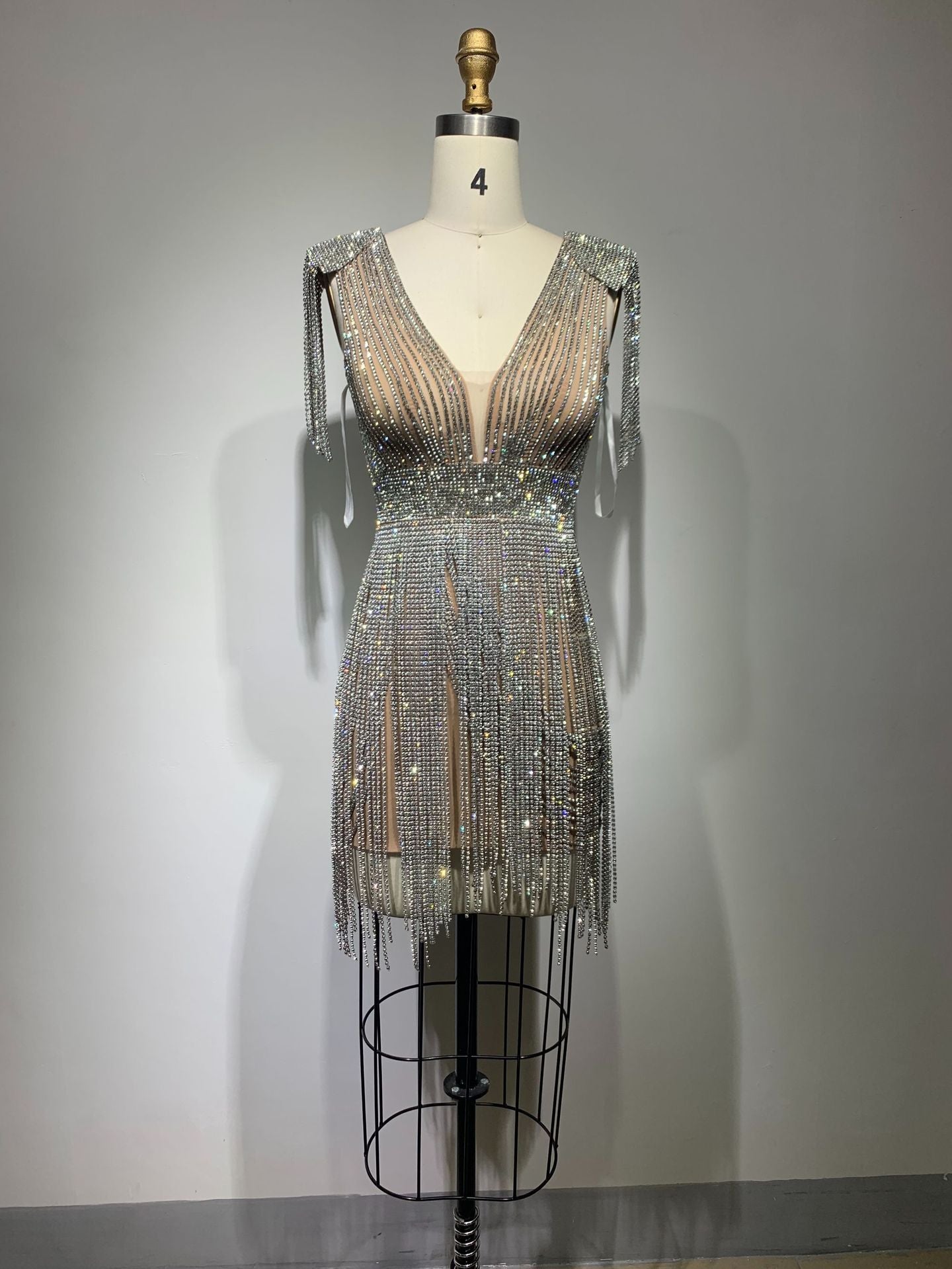 Low Cut Tassel Hollow-Out Diamond Sheath Apricot Cotton Dress