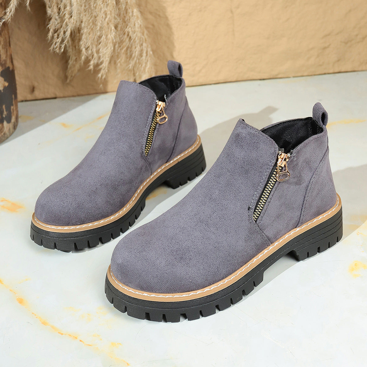 Women’s Suede Chunky Ankle Boots with Side Zipper – Autumn Winter, Mid Heel, Multiple Colors