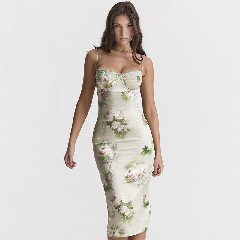 Summer Women's Green Lace Stitching Slim Dress with Floral Print