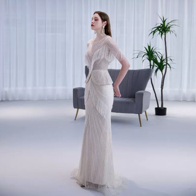 Luxury Cream Tassel Fishtail Evening Dress