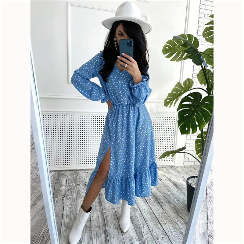 Women's V-neck Fashion Casual Polka Dot Long Dress Split Beach Dress