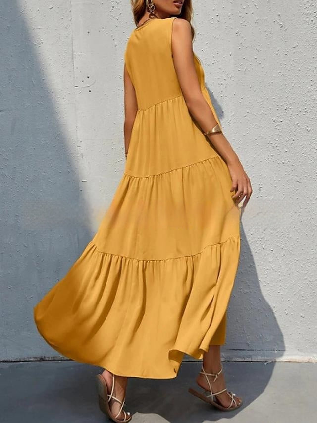 Women's Loose Waist Cotton Sleeveless V-neck Dress