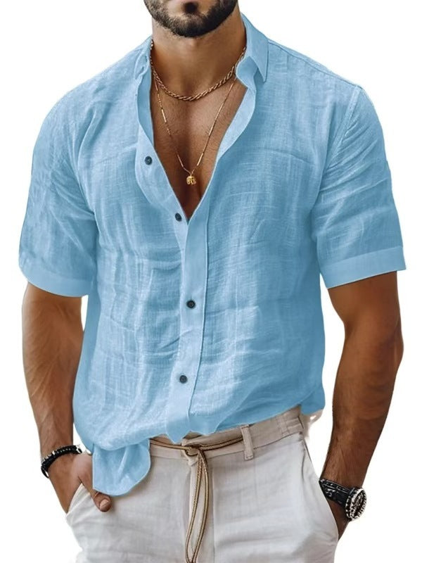 Men's Short Sleeve Cotton Linen Lapel Shirt