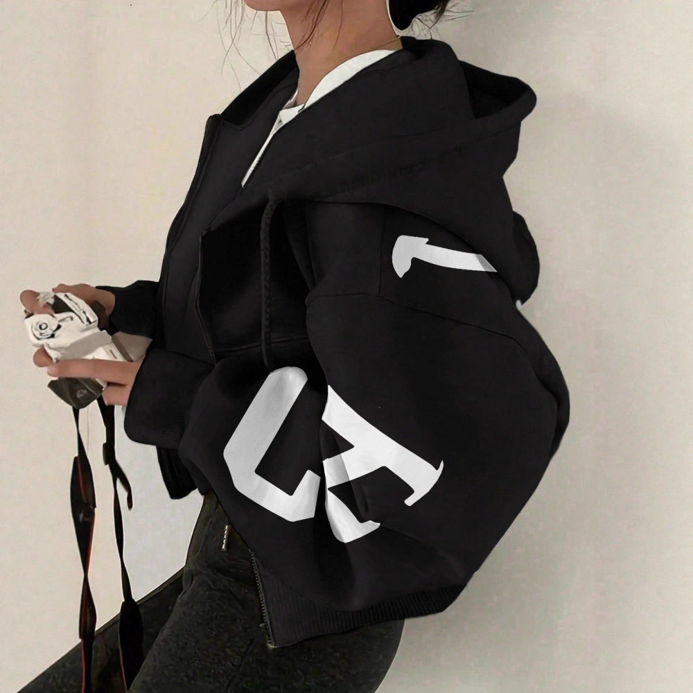 Women’s Long-Sleeve Zip-Up Casual Sweatshirt with Printed Design