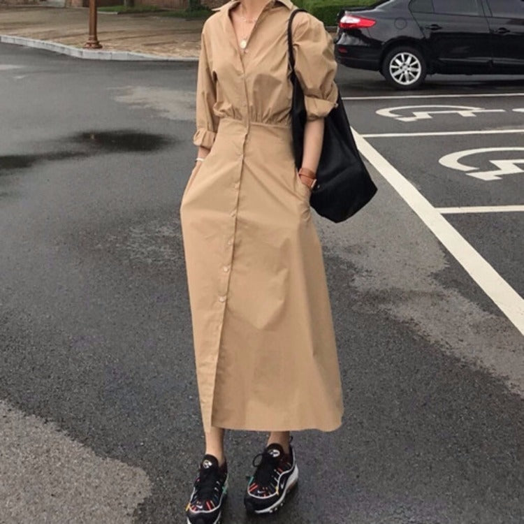 Cotton Lapel Shirt Style Slim Waist Long Dress
