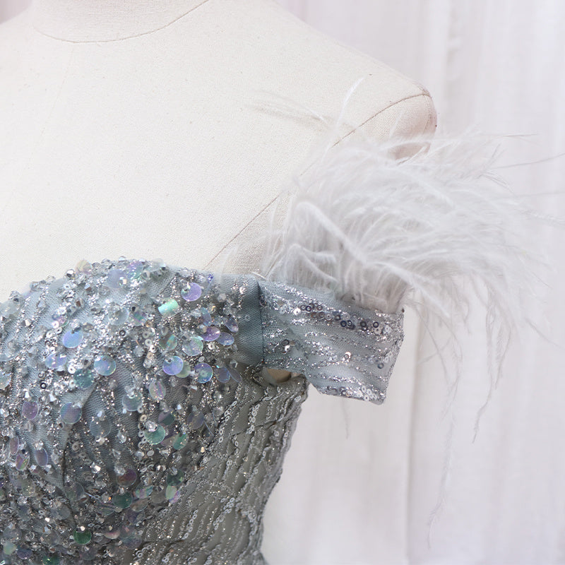 Robe de soirée asymétrique une épaule argentée pour femme avec perles fantaisie