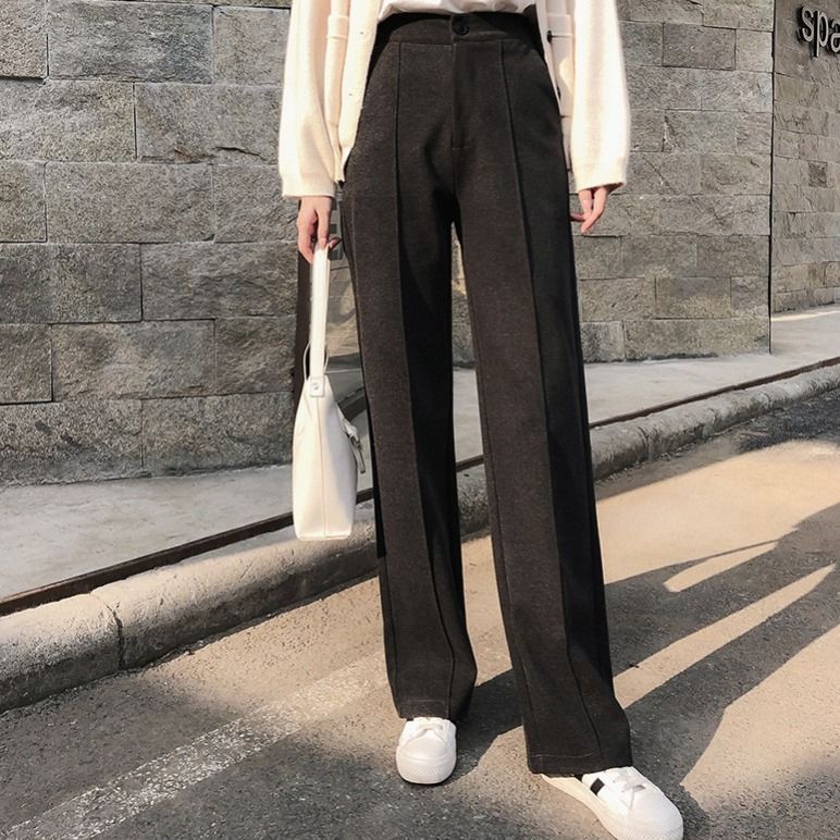 Pantalon droit taille haute en mélange laine et coton