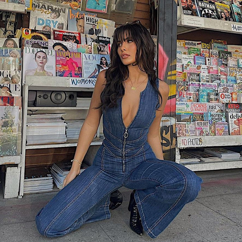 Combinaison salopette en jean rétro taille haute pour femme