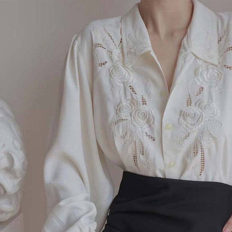 White Embroidered Hollow Out Shirt for Women