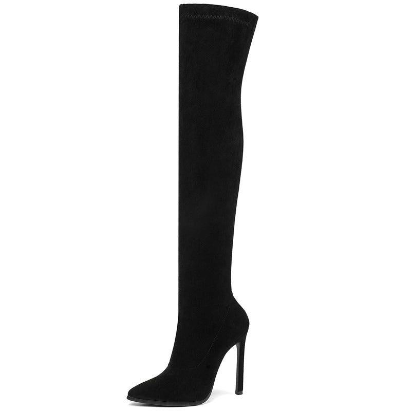 Bottes cuissardes en velours élastique à talons aiguilles