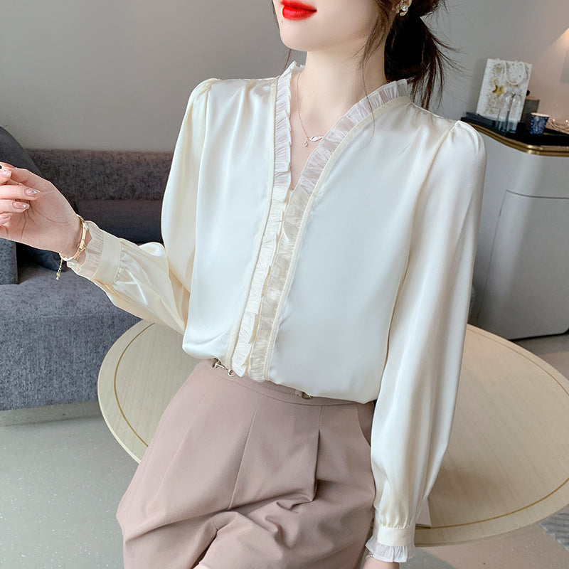 Sweet Wood Ear Apricot Chiffon V-Neck Shirt Women