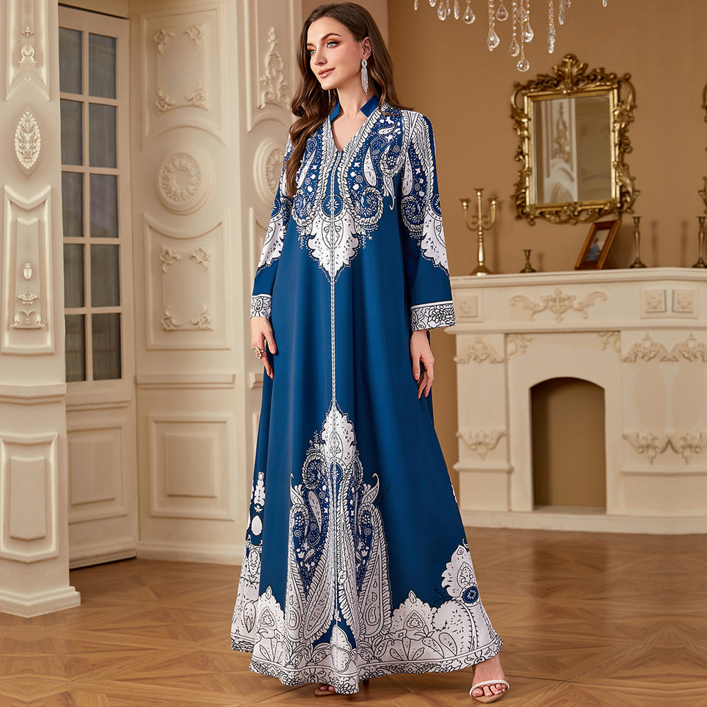 Robe longue ample imprimée en polyester à perles décontractée pour femme musulmane, tailles M-XXL