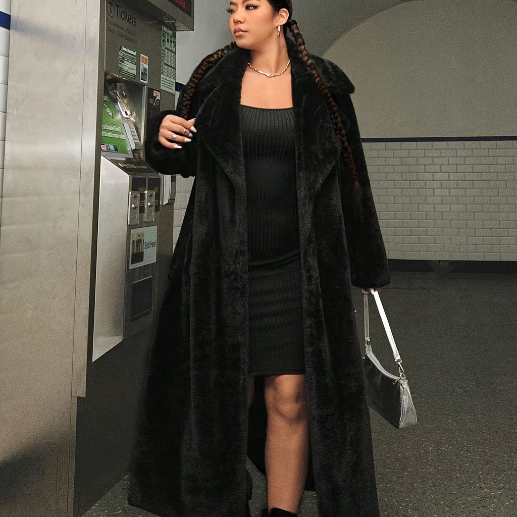 European & American Women's Black Long-Cut Coat Polyester XL-5XL