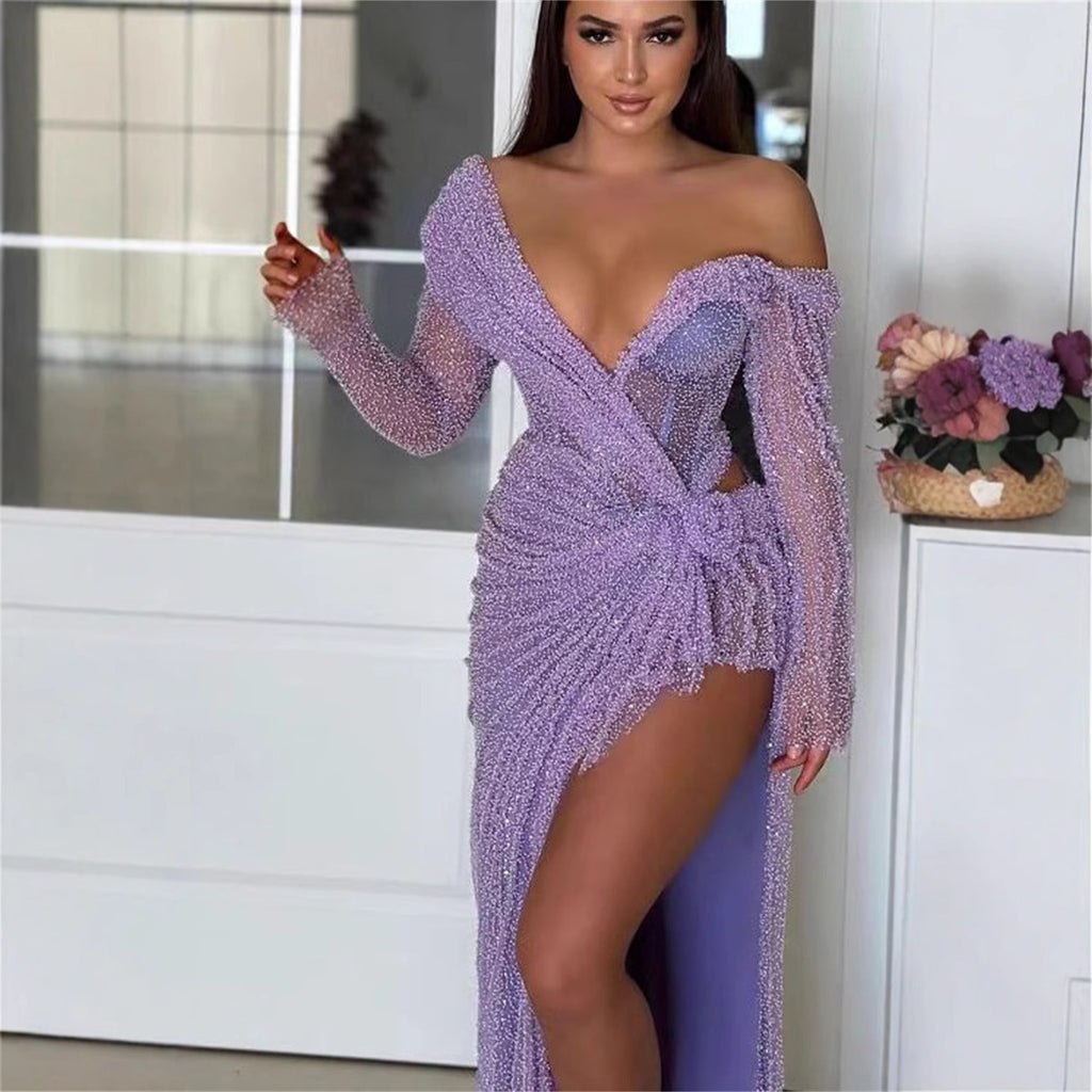 Women's Slim Fit Lavender Purple Long Slit Dress