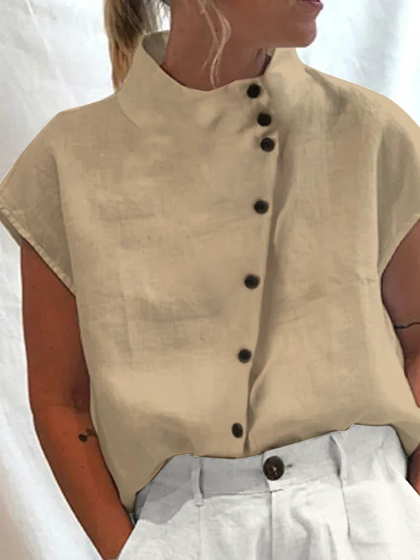 Chemise décontractée en coton et lin pour femme, col montant, coupe ample