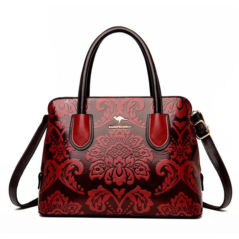 Ethnic Wind Flower Cowhide Shoulder Bag with Zipper Closure