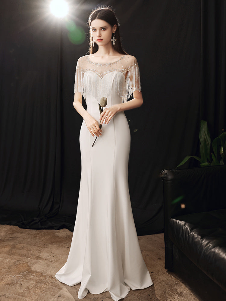 Women's Fishtail Banquet Dress – Long Skirt, White & Pink, S-XL