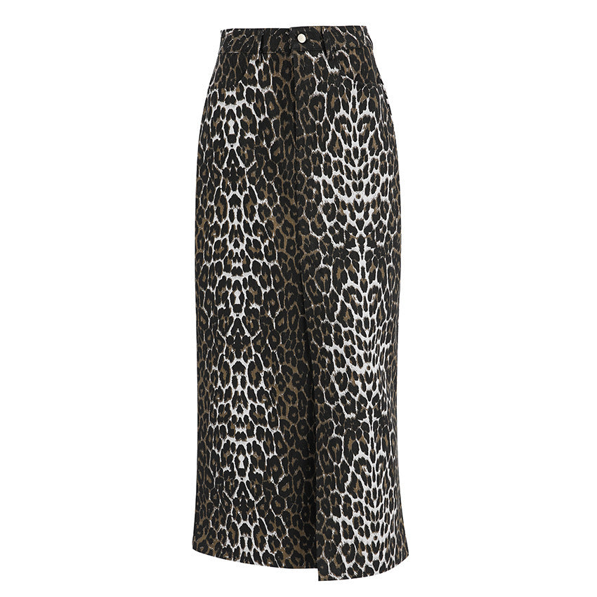 Commute Style Cotton Leopard Print Straight Ankle Skirt