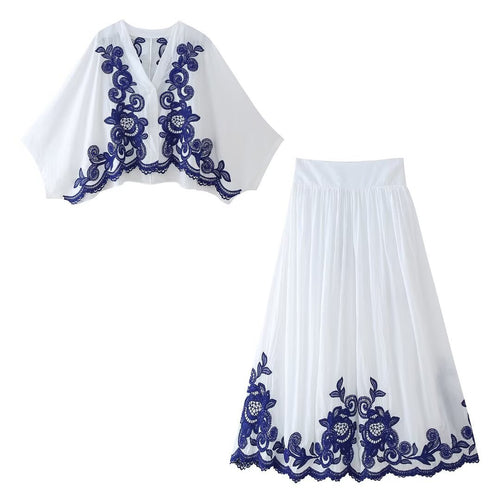 Embroidered Floral Skirt Suit for Women Polyester