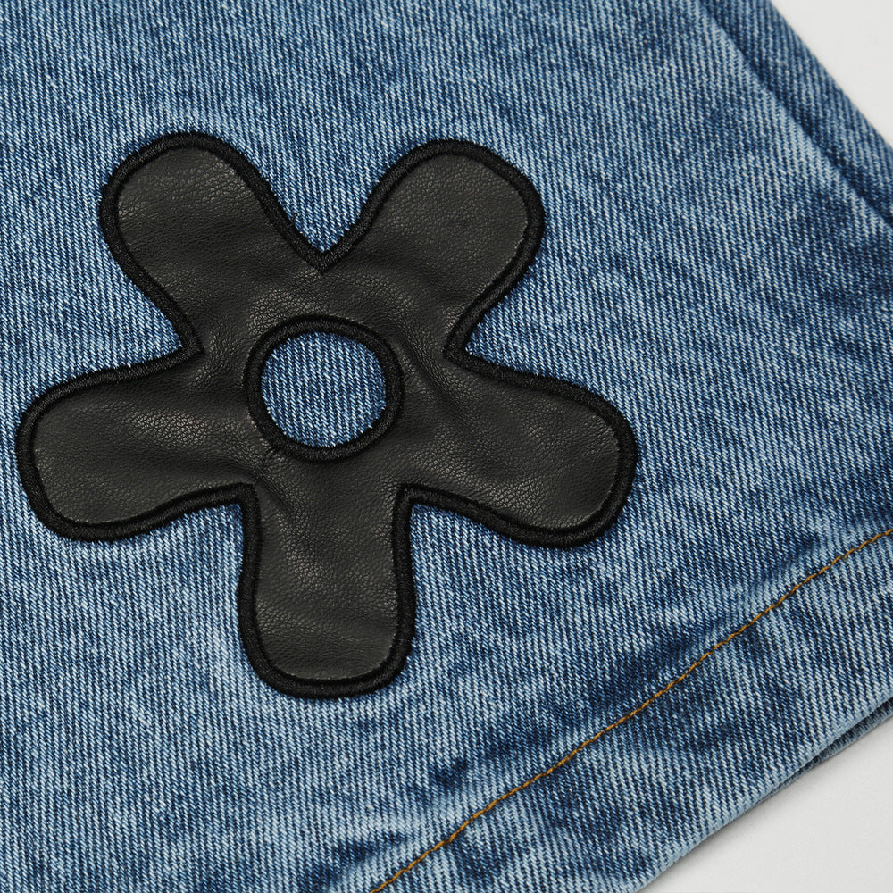 Loose Straight Blue Embroidered Casual Cotton Blend Trousers