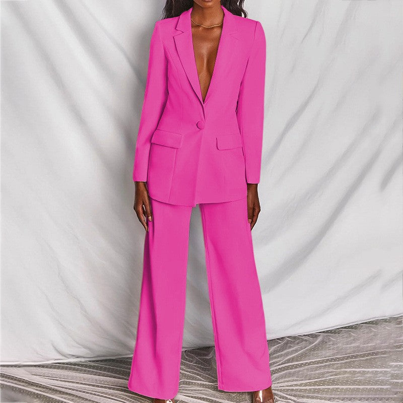 Ensemble blazer décontracté à revers et boutons et pantalon droit pour femme (2 pièces)