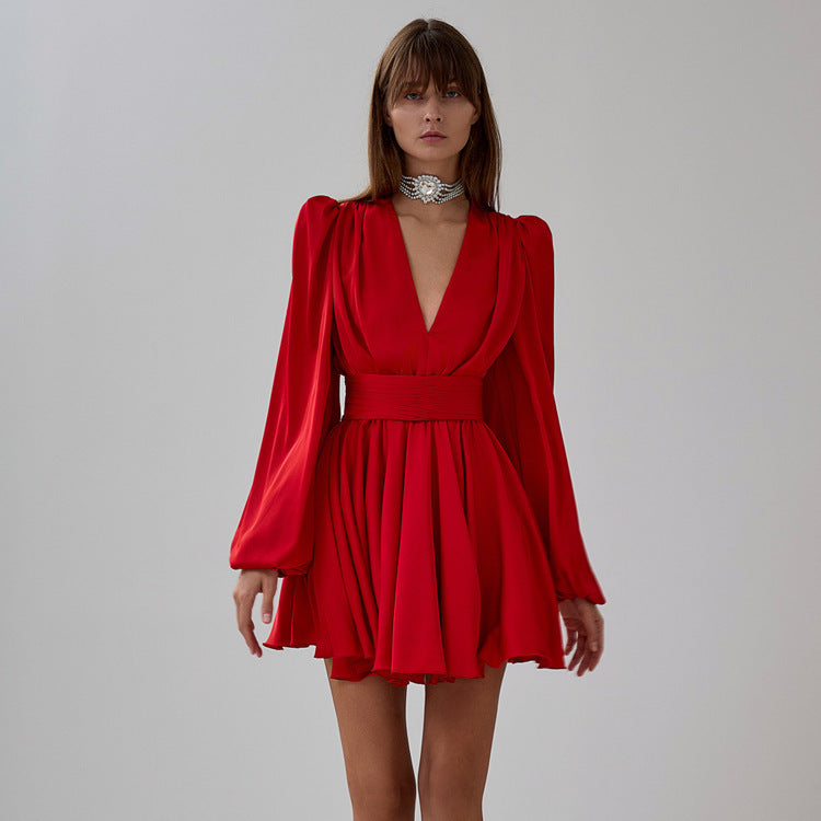 Red Puff Sleeve V-Neck Pleated Waist Tie Dress