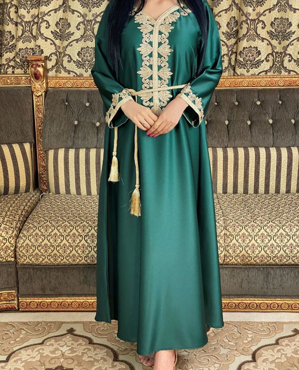 Dubai Embroidery Bronzing Lace Jalabiya Dress with Belt in Multiple Colors and Sizes