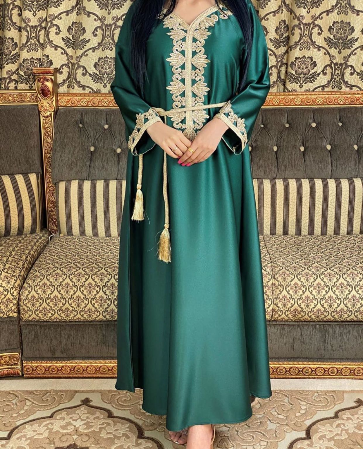Dubai Embroidery Bronzing Lace Jalabiya Dress with Belt in Multiple Colors and Sizes