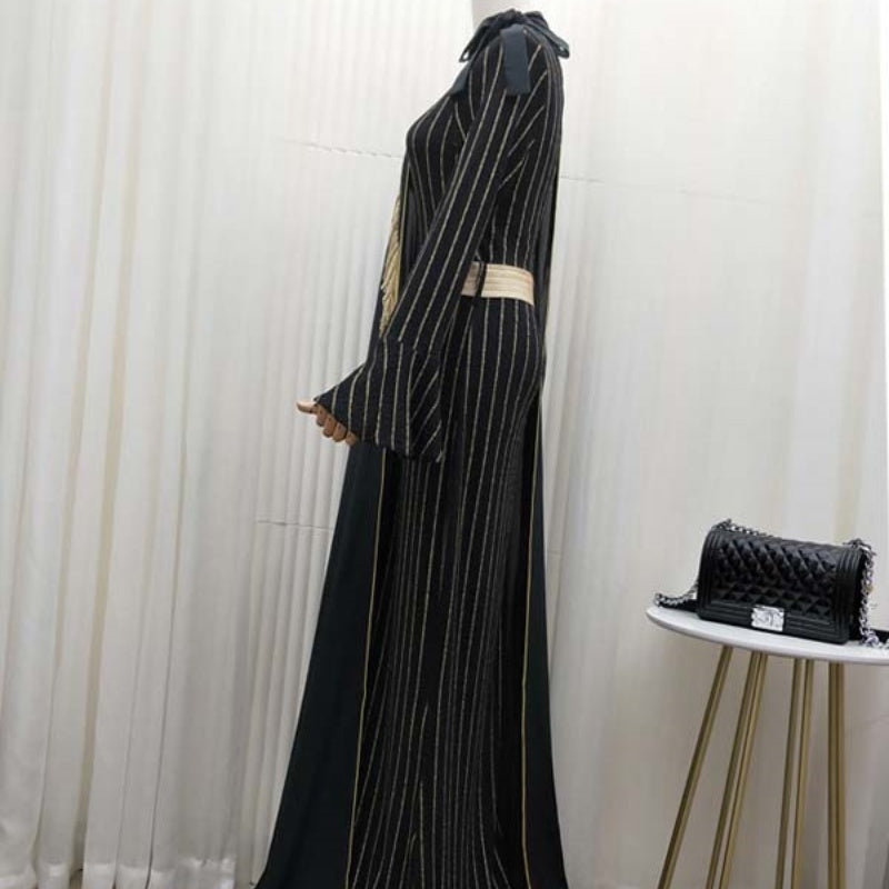 Robe-kimono rayée deux pièces style royal avec broderie de perles et cape Talma pour femmes musulmanes