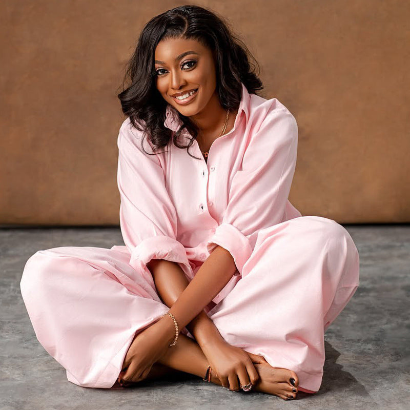 Pink Long Sleeve Shirt Cardigan & Wide Leg Pants Two-Piece Suit