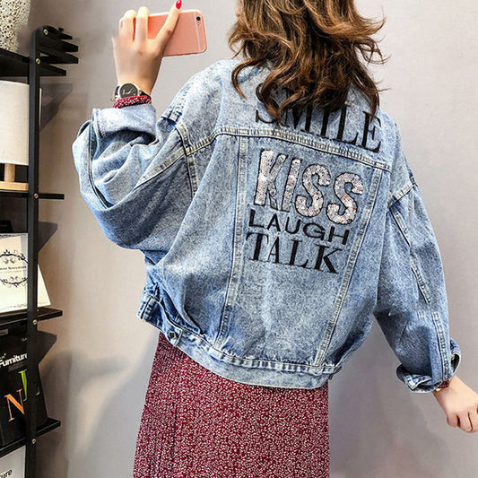 Bat-sleeve Lettering Sequins Embroidered Loose Denim Jacket