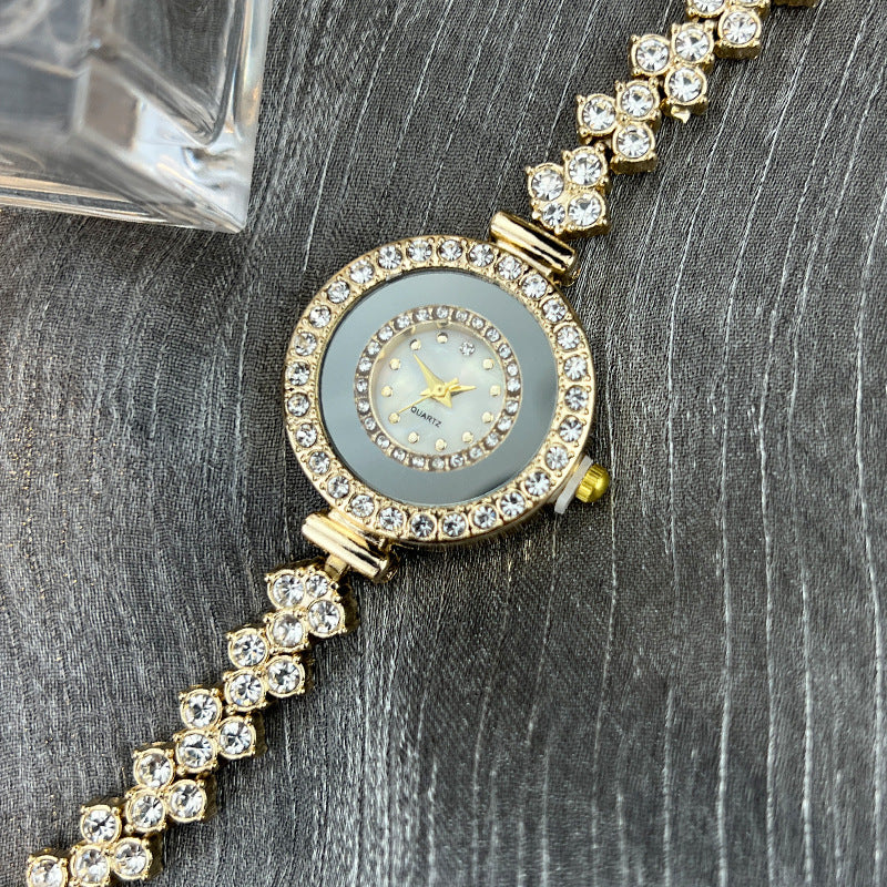 Montre à quartz pour femmes incrustée de strass en verre, couleur or, or rose et argent