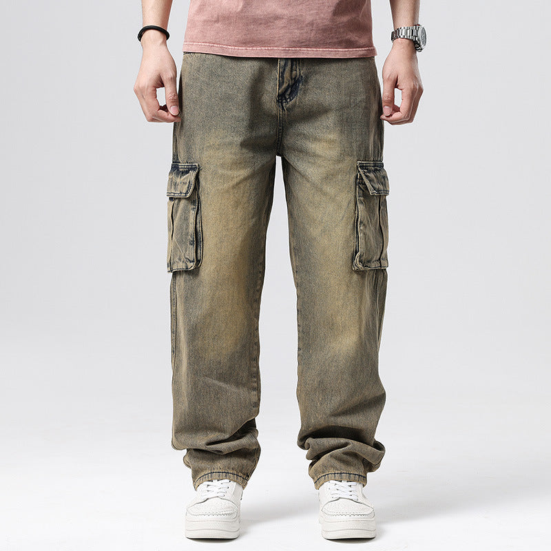 Hip Hop Men's Retro Nostalgic Multi-Pocket Denim Pants