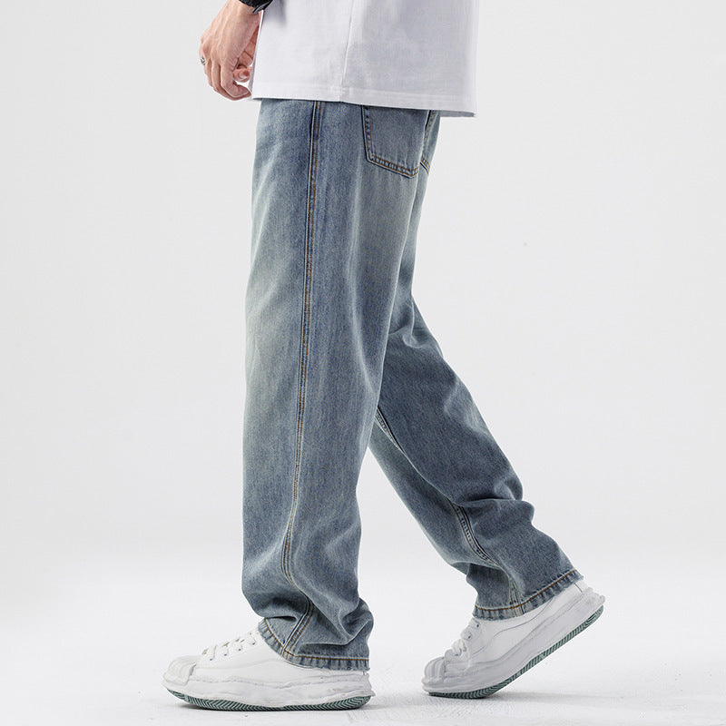 Light Blue Loose Straight Wide Leg Casual Denim Trousers Mid Waist