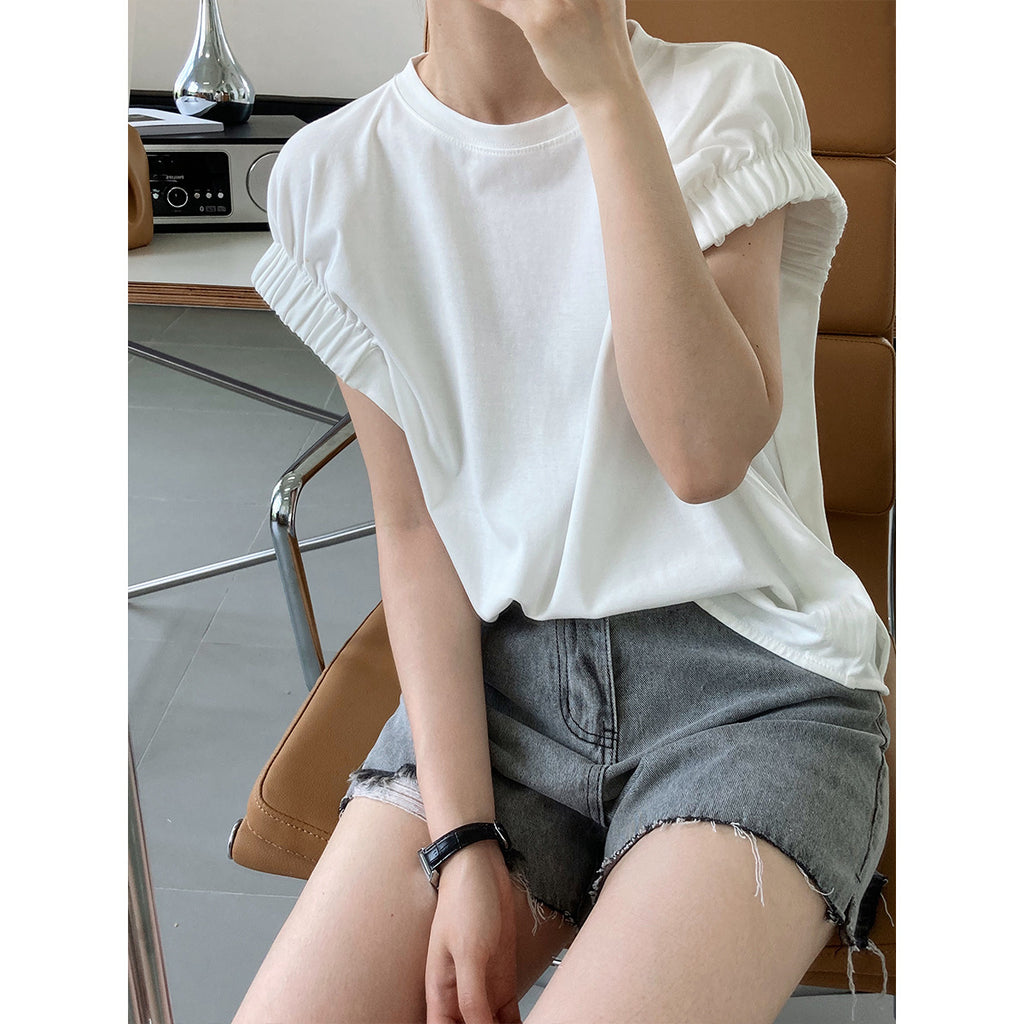 T-shirt plissé ample en coton à manches courtes pour femme