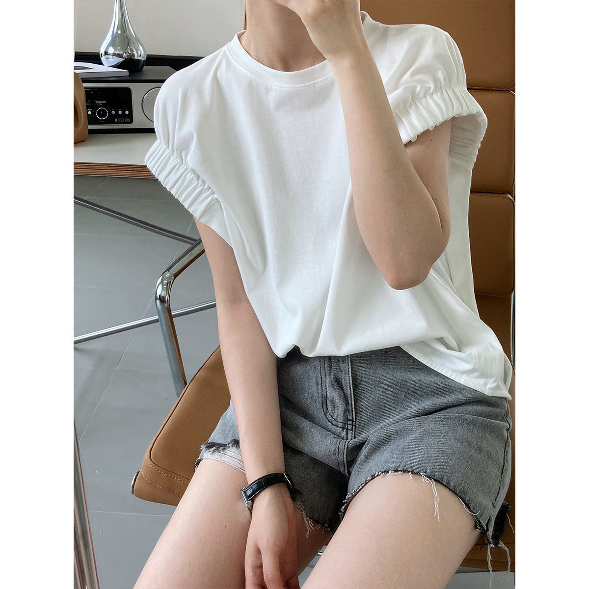T-shirt plissé ample en coton à manches courtes pour femme