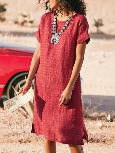 Round Neck Short Sleeve Midi Dress