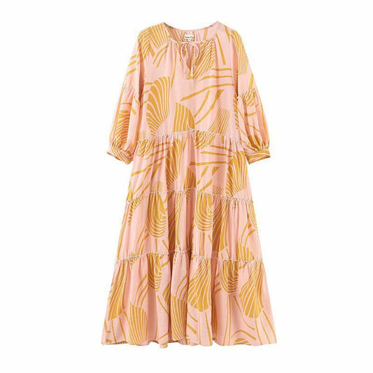 Retro loose print puff sleeve long dress