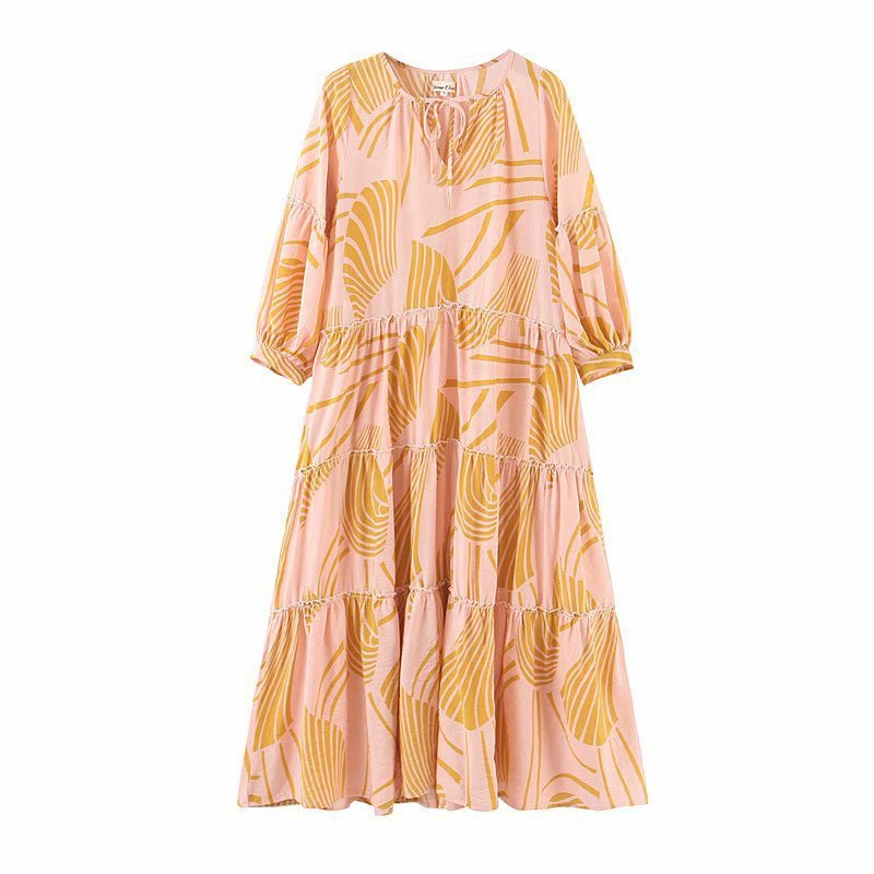 Retro loose print puff sleeve long dress