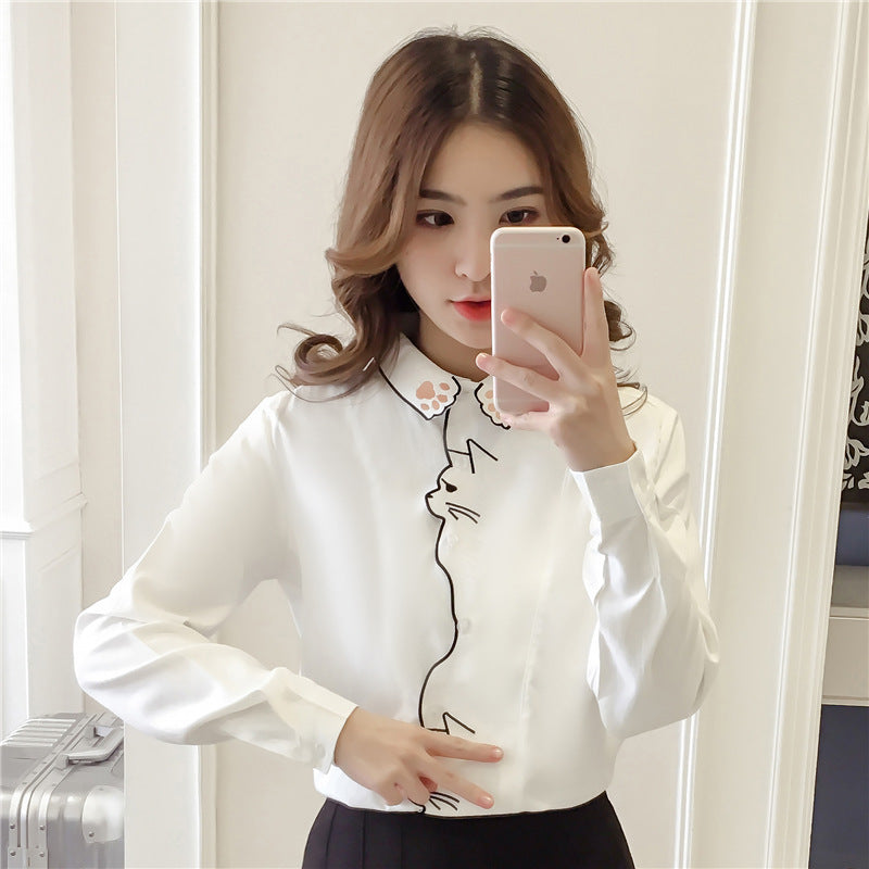 Cat embroidery white shirt blouse loose and cute