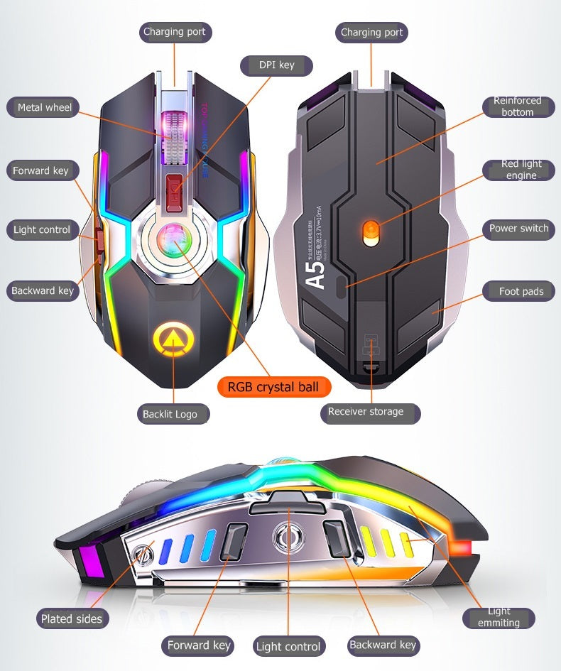 Wireless RGB Gaming Mouse Rechargeable with Mute Button